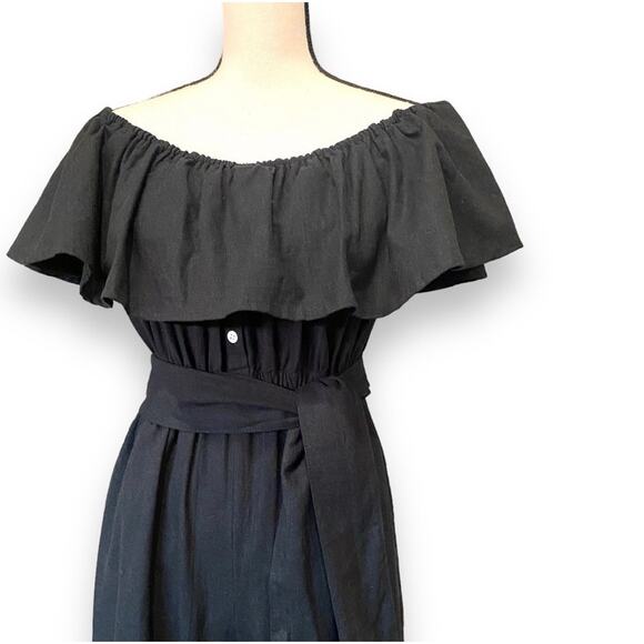 Faithfull The Brand Wide Leg Jumpsuit Sz US 4 Black Linen Ankle On Off Shoulder - Picture 4 of 15